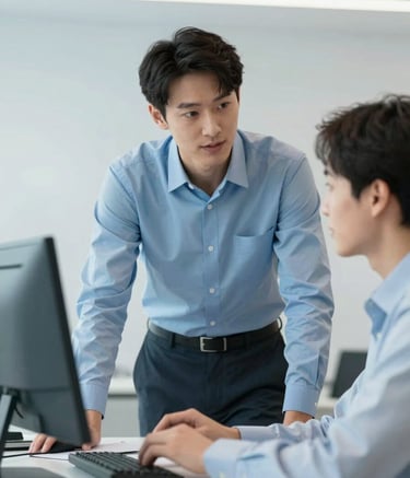 A professional IT specialist in a clean, modern office setting assisting a local business client. The lighting is soft and bright, using a palette of #F0F4F8 and #8BAAC7. The mood is helpful, reliable, and trustworthy.