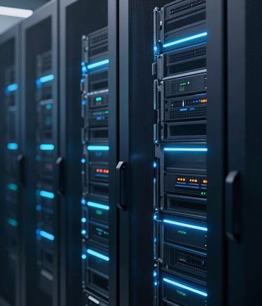 A close-up, high-detail shot of a modern server rack inside a secure data center. The scene is bathed in professional blue and teal LED lights (#2D5D7A), emphasizing efficiency and high-tech sophistication. Minimalist and clean composition.