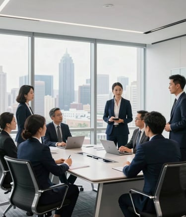 A high-end, bright North American corporate office setting. A group of professionals in modern business attire are gathered around a sleek conference table with large windows in the background overlooking a city skyline. Minimalist aesthetic with deep navy and white accents.