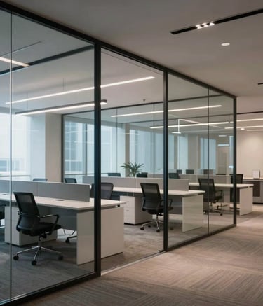Interior of a modern, upscale North American corporate office featuring glass partitions, white furniture, and soft electric blue accent lighting. Professional and quiet atmosphere.