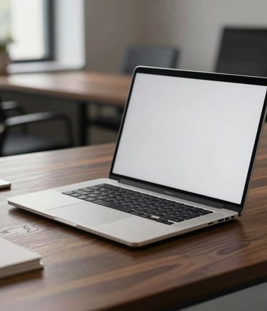 Close-up of a sleek, premium laptop on a dark wood desk in a minimalist North American office. The lighting is soft and professional, highlighting a clean and modern workspace environment with a focus on high-end tech.