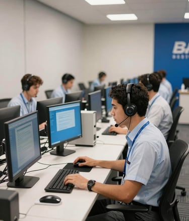 A high-speed photography style shot of a modern Brazilian call center, focusing on the depth of the room with repetitive sleek workstations. The lighting uses professional off-white and dark blue tones to evoke a sense of professional racing team precision and speed.