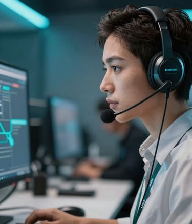 A close-up photograph of a professional South American customer service representative in a modern office, wearing a high-tech headset and focused on a screen. The lighting is crisp, with teal and dark blue accents in the background bokeh, reflecting a high-performance racing team aesthetic.