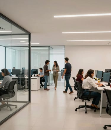 A wide-angle photography shot of a collaborative team working in a modern Brazilian corporate headquarters. The environment is minimalist with glass partitions and sleek furniture. The lighting is bright and professional, highlighting a palette of off-white and teal. The scene conveys a sense of high-performance teamwork and dynamic energy.