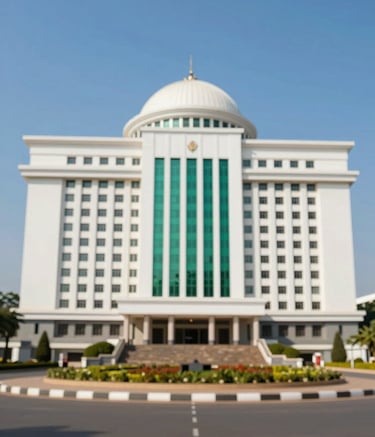 Architectural shot of the Federal Secretariat Complex in Abuja, Nigeria. The building looks grand and authoritative under a clear blue sky. Professional lighting emphasizes the structure's clean lines, with subtle green and white accents reflective of the national flag.
