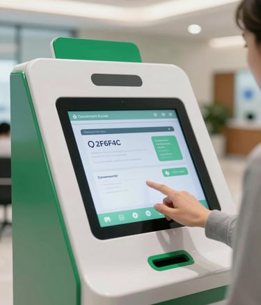 A high-quality, professional photograph of a modern digital service kiosk in a government lobby. A citizen's hand is interacting with a clean interface. The lighting is bright and airy, incorporating brand colors #2F6F4C and #B4D3C5 in the interior design and UI elements.