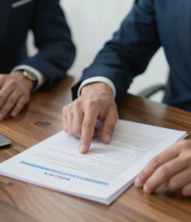 A close-up shot of two professional hands across a polished wood desk in a light-filled room. One hand is pointing to a document. The color palette features soft sky blue accents and dark slate blue tones, emphasizing a professional and focused connection.