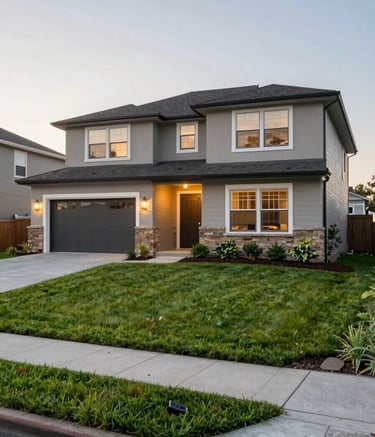 An inviting, modern residential home in a North American suburb during a soft golden hour. The exterior is well-maintained with a clean lawn and leaf green landscaping, suggesting a high-quality and reliable property management style.