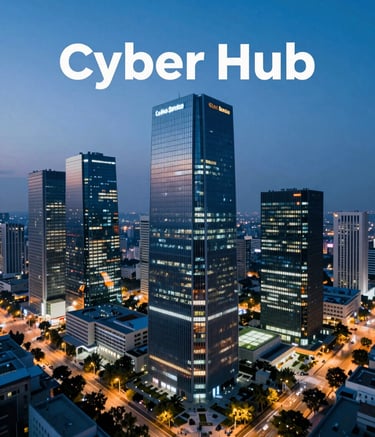 An aerial view of the modern Cyber Hub skyline in Gurugram at dusk, symbolizing the tech-driven and professional environment of Lekha Service. The scene is illuminated by soft office lights, incorporating the deep blues of #0A244A and #3F5B75.