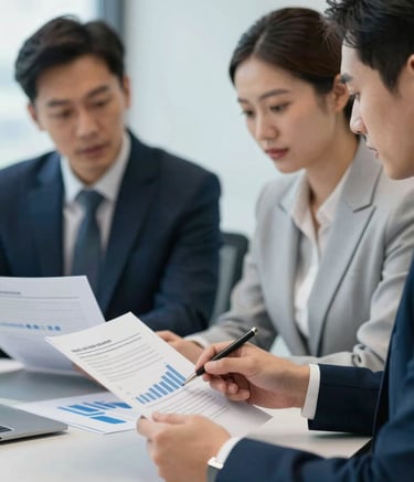 A close-up of professional consultants reviewing financial documents in a modern Gurugram office. The lighting is bright and clear, emphasizing a trustworthy and sophisticated atmosphere. The color palette includes #0A244A and #C7D2DA for office accents and business attire.