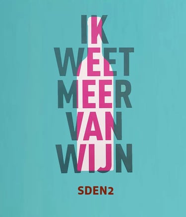Poster for SDEN2 wine course featuring a pink bottle silhouette and Dutch text Ik weet meer van wijn.