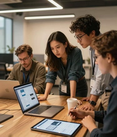 Photography of professionals collaborating in a modern North American / US tech office. They are gathered around a wooden table with a laptop and a tablet showing mobile UI designs. The lighting is warm with golden yellow tones and professional mood.
