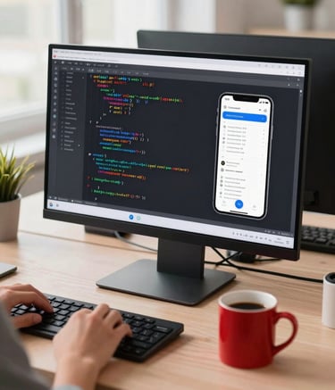 High-quality photography of a software engineer at a desk in a bright North American / US co-working space. The screen shows lines of code and mobile app mockups. Soft peach ambient lighting and a crimson red coffee mug on the desk. Clean and modern aesthetic.