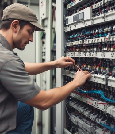 Industrial workspace with new electrical installations being tested by a technician.
