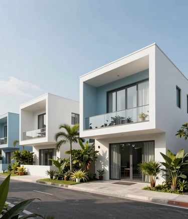 Sleek photography of a modern minimalist residential complex in Indonesia. The architecture features clean lines, white and light blue facades, and lush tropical landscaping under a clear sky. The composition is wide and premium.