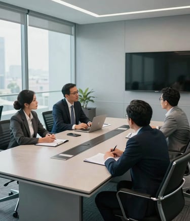 A high-angle photography of a sleek, minimalist Indonesian corporate boardroom. Southeast Asian / Indonesian professionals in modern business attire are engaged in a collaborative discussion. The room features glass walls, silver blue accents, and a clean, professional atmosphere with soft morning light.