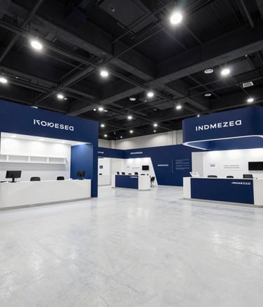 Internal view of a premium convention hall in Indonesia during a business exhibition. The space is minimalist and large, with professional lighting, ice white flooring, and deep blue banners, showcasing a modern and innovative corporate environment.