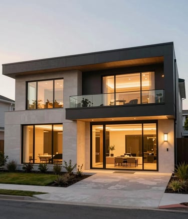 Exterior shot of a modern architectural masterpiece home in a North American suburb during the golden hour, featuring clean lines, large glass windows, and elegant landscaping, illuminated with warm interior lights.