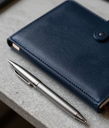 A detailed macro photograph of a professional workspace in North America. A dark navy leather planner and a refined silver pen sit on a light slate grey stone desk. The lighting is soft and focused, creating a sophisticated business feel.