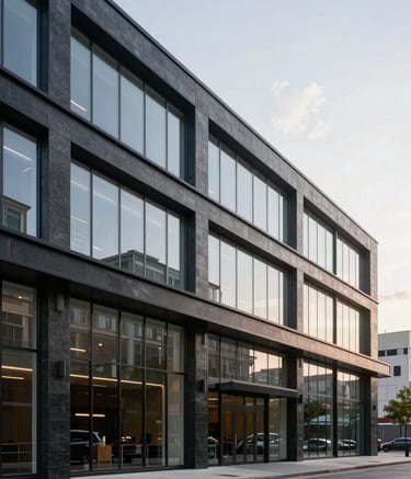 A wide-angle professional photograph of a modern commercial building exterior in a North American urban setting. The architecture is clean with large glass windows and dark slate steel accents.