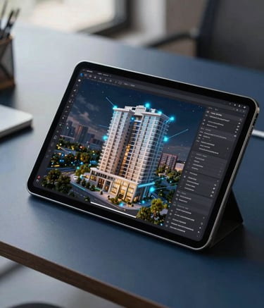 A close-up of a high-end tablet on a sleek navy desk in a North American / US office. The screen displays a sophisticated 3D architectural model of a residential building with glowing electric blue data nodes. Soft natural light, professional setting.