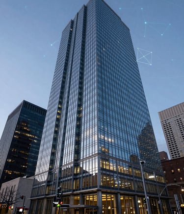 Wide-angle photography of a modern glass skyscraper in downtown Denver, Colorado. The scene is shot during the blue hour with a subtle electric blue digital network overlay representing connectivity. North American / US city setting.