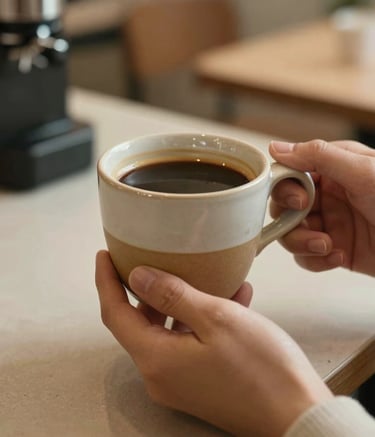 Close-up of hands prepared in a professional but warm manner, holding a handcrafted ceramic cup of coffee in a beige and tan cafe setting, North American / US lifestyle vibe.