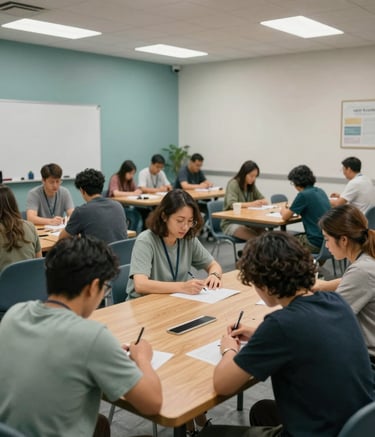 A wide-angle professional photograph of an adult life-skills workshop taking place in a clean, modern North American / US community center. People are engaged in collaborative learning around large wooden tables. The color palette includes muted teal and soft sage accents.