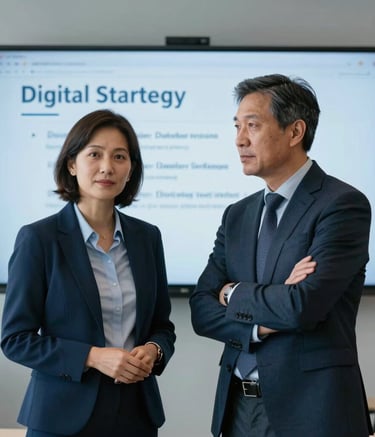 Two professional colleagues in a North American corporate environment discussing digital strategy, looking at a wall-mounted screen off-camera, confident and authoritative expressions, medium lighting with a palette of Medium Blue and Light Blue.