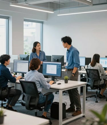 A wide shot of a clean, modern North American office interior with professional tech experts collaborating. The scene is bright and airy, with soft focus on a workspace. Primary colors are Medium Blue and Light Blue.