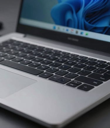 Close-up of a high-end secure laptop in a modern US tech hub setting, focusing on the quality and precision of the hardware, soft depth of field, Medium Blue and steel color palette.