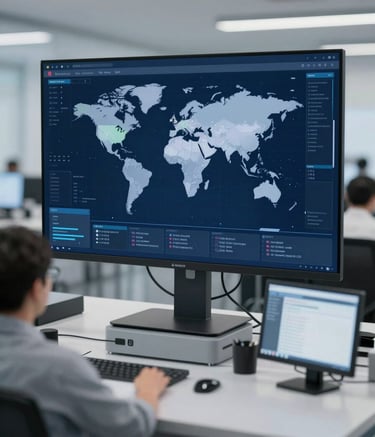 A high-angle professional photograph of a logistics operations center with digital screens showing global tracking maps. The lighting is clean and modern, featuring the corporate palette of #2E475B and #7A92A0. The style is efficient and high-tech.