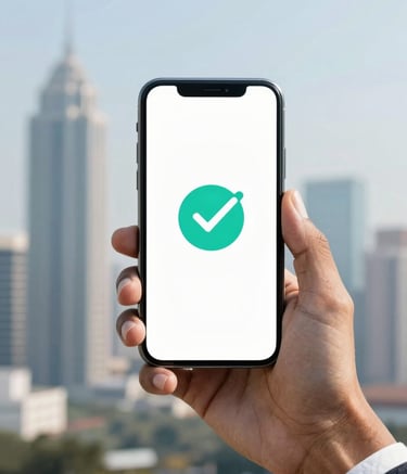 A close-up of a professional's hand holding a sleek smartphone displaying a digital verification checkmark, with a blurred modern South Asian / Indian urban skyline in the background. The lighting is bright and clear, emphasizing trust and tech-savviness, with Ocean Teal and Snow White tones throughout.