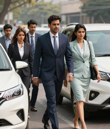 A group of professional commuters, men and women in smart casual attire, entering a clean and modern white car in a sunny South Asian / Indian business district. The scene is full of confidence and reliability, using a palette of Deep Navy and Pale Mist.