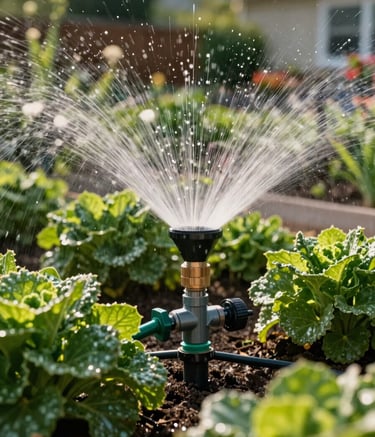 Close-up photography of a precision drip irrigation system watering vibrant flower beds in a North American residential garden, afternoon sun, highlighting water efficiency and healthy plants with deep green tones.