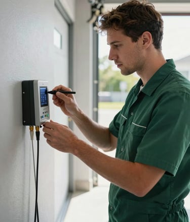 A professional technician in a clean uniform inspecting a smart irrigation controller inside a modern North American garage, morning light, sharp focus, emphasizing expertise and reliability, using a palette of deep greens and soft light greys.