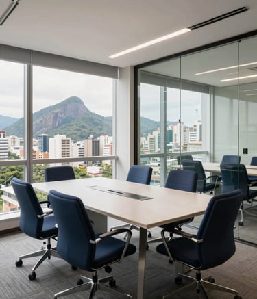 A wide shot of a modern and bright Brazilian office conference room with glass walls, showcasing professional furniture in shades of navy blue and white, with natural light pouring in from a window overlooking a South American urban landscape.