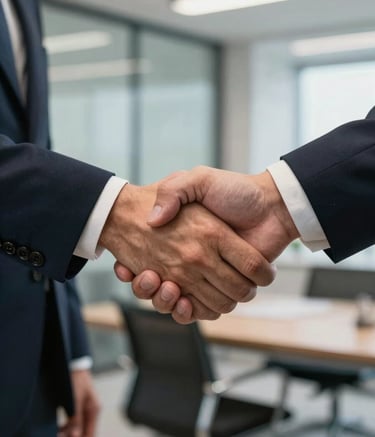 A close-up of a firm handshake between two business professionals in formal attire, capturing a moment of agreement in a well-lit modern office in Brazil, using a clean and professional photography style with a shallow depth of field.