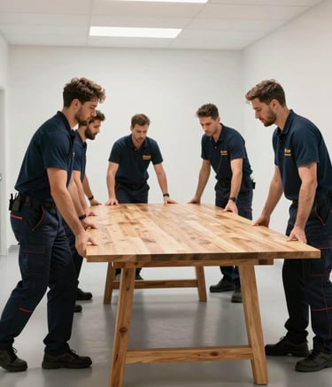 A professional team in European / Spanish work attire moving a large wooden table through a bright, clean hallway. The composition is focused on careful handling and teamwork, with lighting that emphasizes a clean and safe environment.