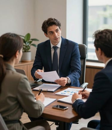 A professional and elegant meeting in a European Portuguese office. A consultant in a midnight blue suit discusses financial documents with clients. The atmosphere is trustworthy and elite, with soft light and premium furniture.