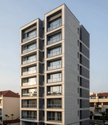 A high-end modern residential building in a sophisticated European Portuguese neighborhood. The photography is clean and bright, emphasizing architecture with sharp lines, slate gray details, and soft golden hour sunlight.