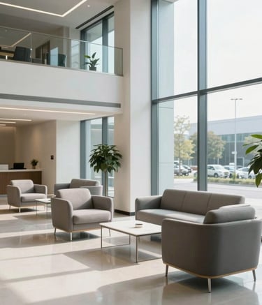Photography of a bright, modern North American corporate lobby with minimalist furniture and natural light through large windows, in steel blue and off-white tones.