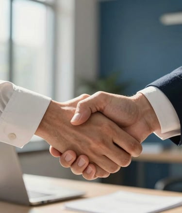 A close-up photograph of a professional handshake in a sunlit North American office, representing a successful hire, with soft bokeh background of a modern workspace in off-white and deep blue tones.