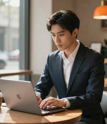 A professional sitting in a modern US coffee shop setting, working on a clean laptop, with soft morning light and orange accents in the decor, dressed in professional business casual attire.