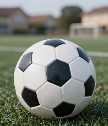 A focused close-up of a professional grade soccer ball resting on the grass with a blurred background of a neighborhood sports complex. The mood is structured and authoritative. Palette features #F5F7F8 and #1A2B3C.