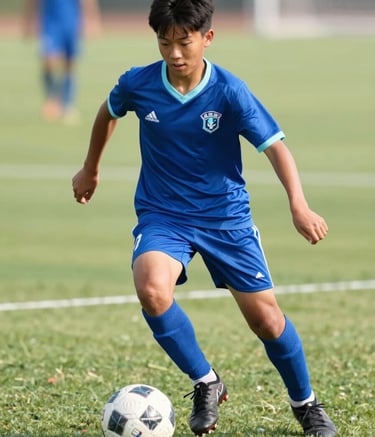 A high-action shot of a youth soccer player in a professional blue kit dribbling a ball on a lush green field. The lighting is bright and optimistic, emphasizing the brand's commitment to growth. Elements of #1A2B3C and #8FAABF appear in the gear.