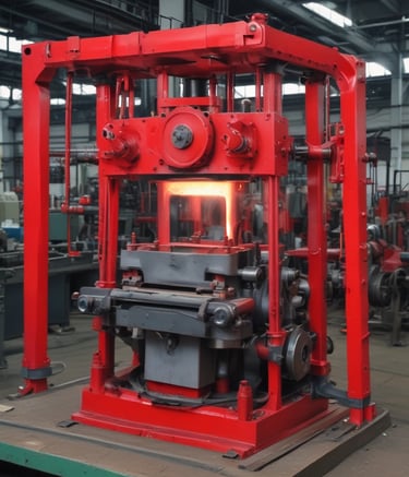 Technicians inspecting heavy machinery with tools in a factory setting