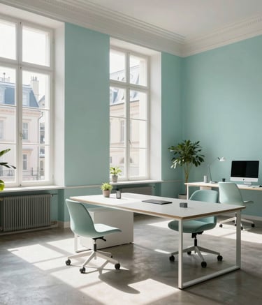 A bright, airy office interior in a historic European building with modern minimalist furniture. Sunlight streams through large windows onto a sleek workspace with pale cyan and slate green accents, symbolizing growth and clarity.