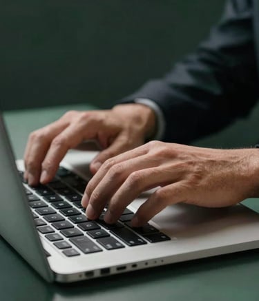 A close-up of a professional's hands typing on a sleek, high-end laptop keyboard in a workspace in Paris. The composition is focused on the interaction with technology, using a palette of dark charcoal and slate green. The lighting is focused and professional, highlighting productivity and precision in a European business setting.