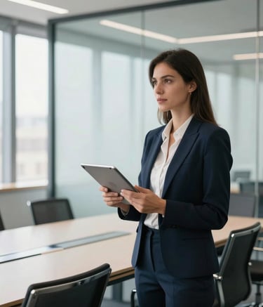 A professional woman in smart business attire standing in a modern glass-walled conference room in Lyon, holding a digital tablet. The scene is bright and airy with soft morning light, emphasizing a mood of trust and authority in the European SaaS market.